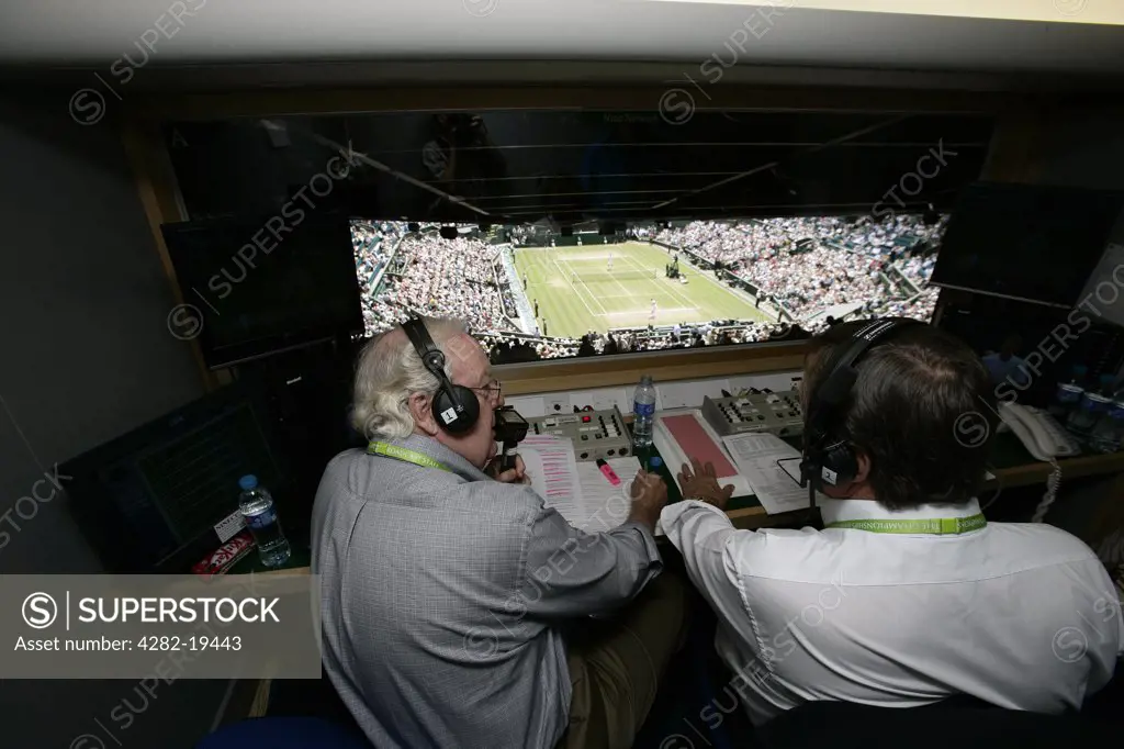 England, London, Wimbledon. Commentators from Network Nine Australia work in one of the new centre court commentary boxes at the Wimbledon Tennis Championships 2008.