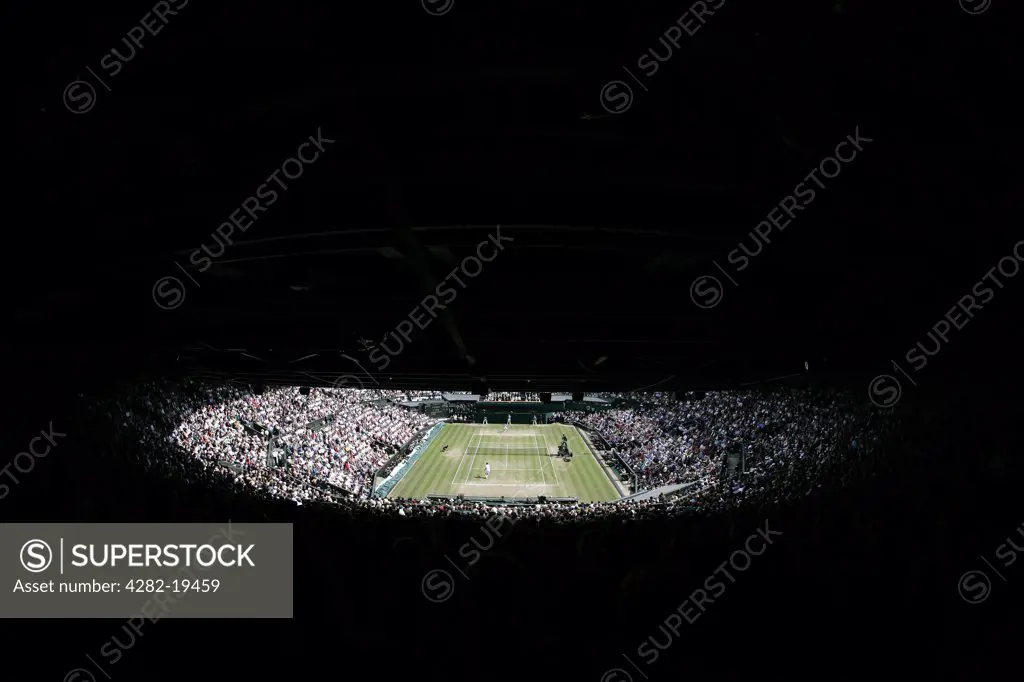 England, London, Wimbledon. View of centre court during the Men's Singles Final played between Rafael Nadal and Roger Federer at the Wimbledon Tennis Championships 2008.