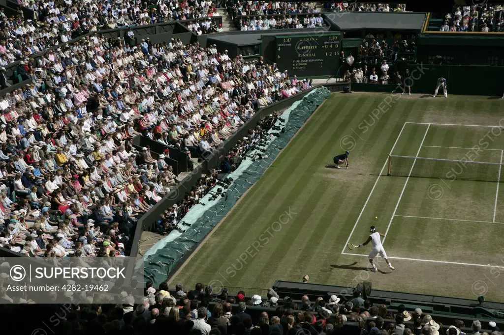 England, London, Wimbledon. View of centre court during the Men's Singles Final played between Rafael Nadal and Roger Federer at the Wimbledon Tennis Championships 2008.
