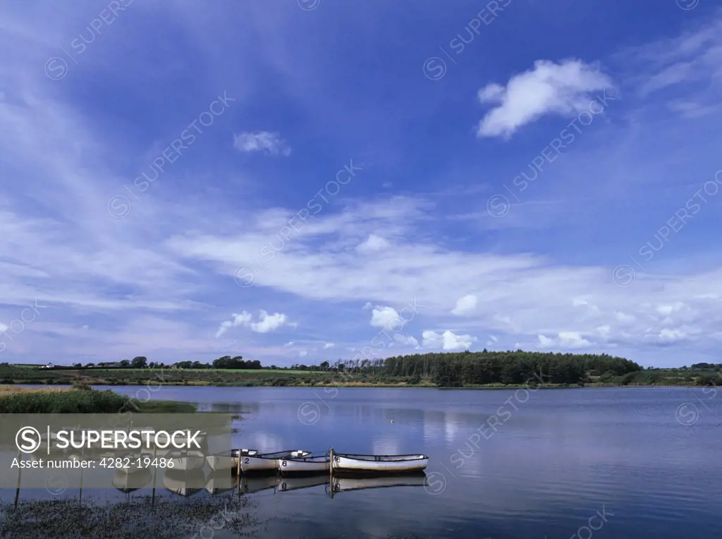 Wales, Anglesey, Llangefni. Cefni Reservoir with moored boats used for fishing on the lake.