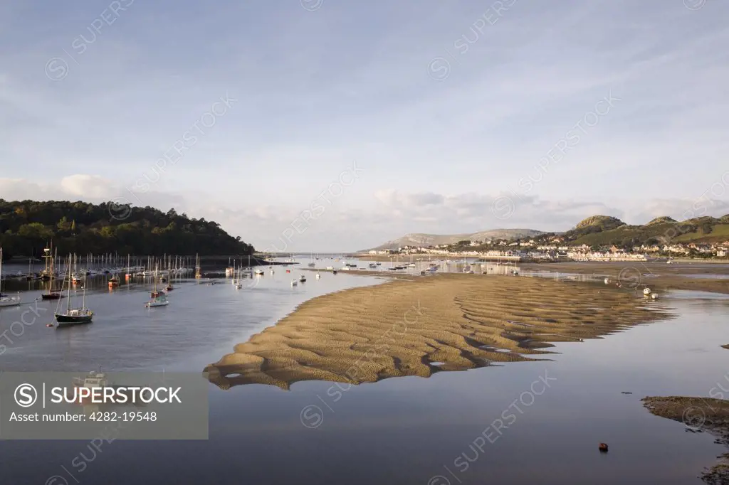 North Wales, Conwy, Conwy. View down river estuary to Deganwy.