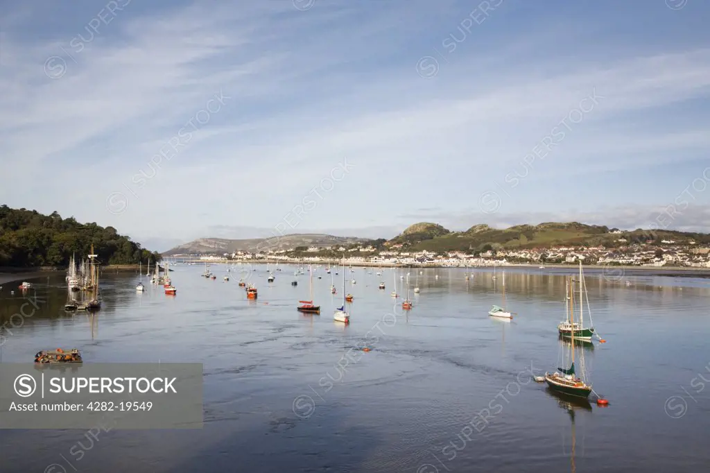 North Wales, Conwy, Conwy. View down river estuary to Deganwy and Conwy harbour.