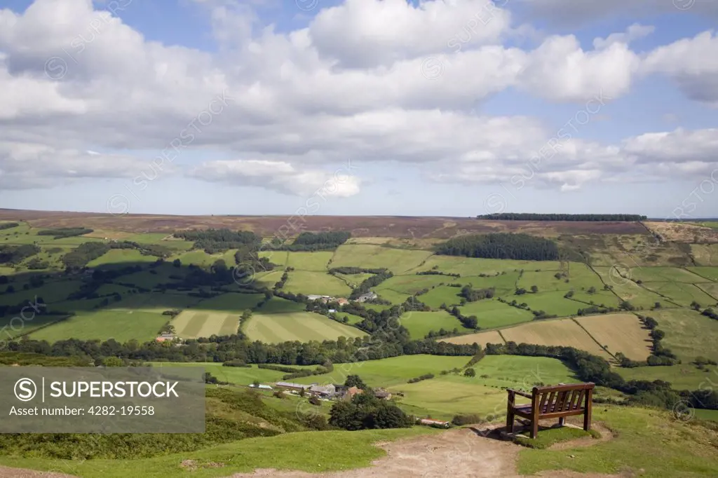 England, North Yorkshire, Rosedale Moor. Wooden bench seat on Rosedale Moor in the North York Moors National Park.