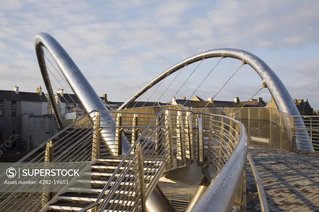 North Wales, Anglesey, Holyhead. Celtic Gateway pedestrian walkway and footbridge connecting port railway and town centre as part of a redevelopment scheme.