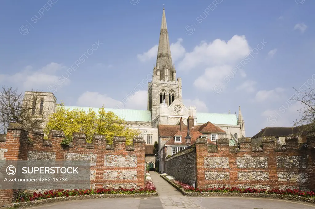 England, West Sussex, Chichester. A view toward Cathedral Church of the Holy Trinity and St Richard's Walk in spring.