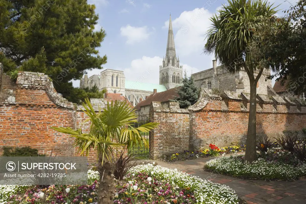 England, West Sussex, Chichester. A view toward the Cathedral Church of the Holy Trinity from Bishop's Palace garden in spring.