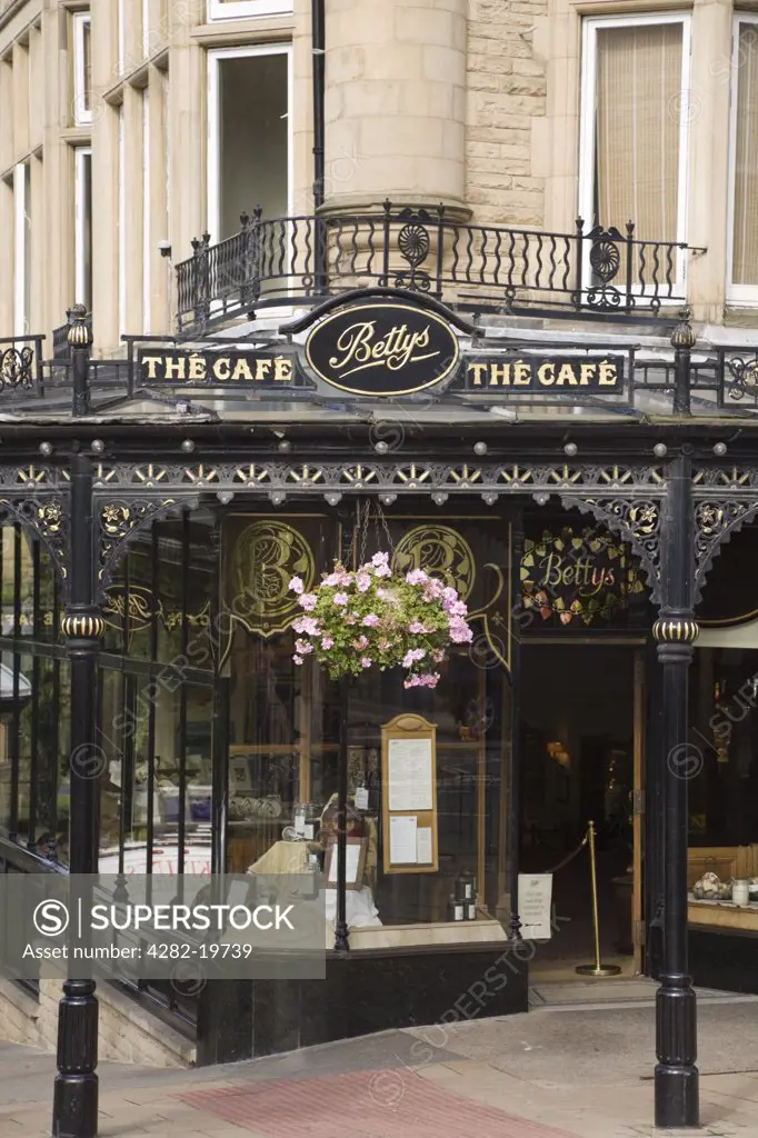 England, Yorkshire, Harrogate. Exterior of Betty's cafe in Harrogate town centre.