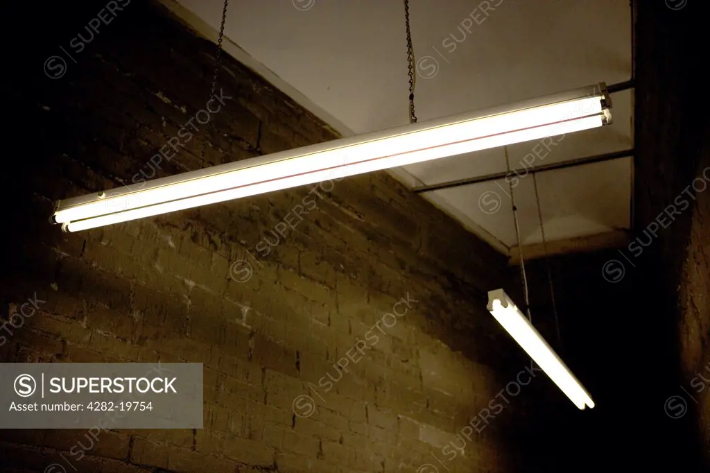 England, Tyne and Wear, Gateshead. Internal fluorescent light tubes. Fluorescent lamps are gas-discharging lamps that use electricity to excite mercury vapour in argon or neon gas resulting in a plasma that produces short-wave ultraviolet light.