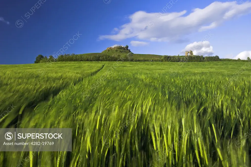 England, West Yorkshire, Wakefield. A view across a field toward Sandal Castle near Wakefield.