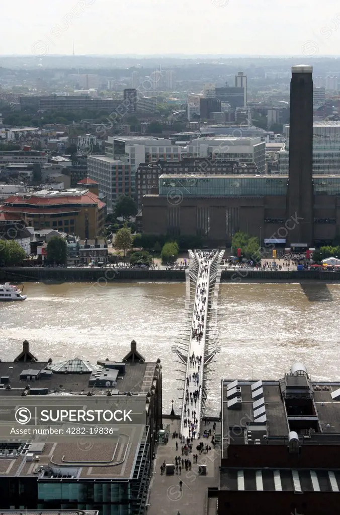 England, London, Millenium Bridge. Tate Modern and the Millennium Bridge viewed from St Paul's Cathedral.
