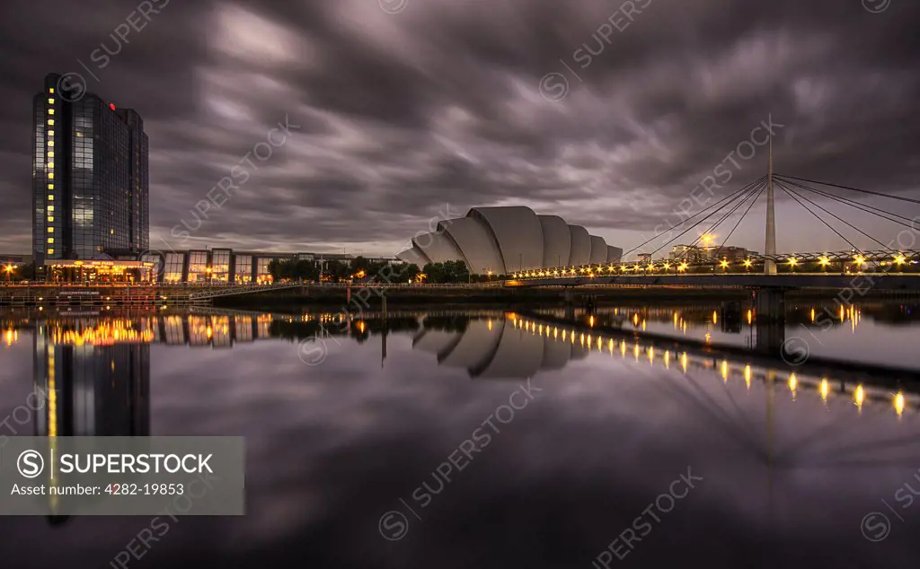 Scotland, Glasgow, River Clyde. A view across the River Clyde in Glasgow at sunset.