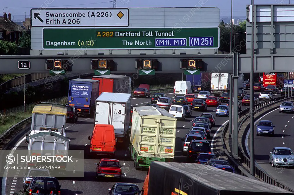 England, Kent, Dartford. Traffic congestion on the M25 motorway at Dartford.