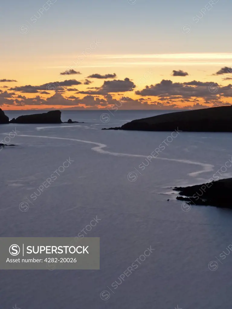 Scotland, Shetland, Scousburgh. Sunset over Scousburgh on Shetland.