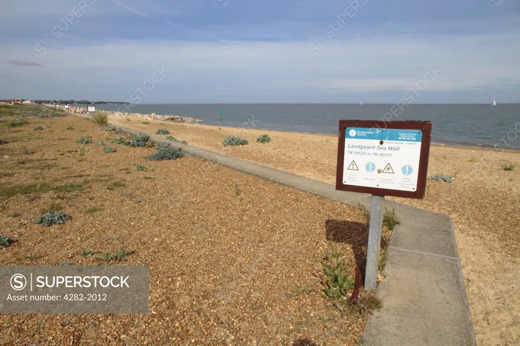 England, Suffolk, Landguard Point. The sea wall and beach at Landguard Point, the most southerly part of Suffolk.