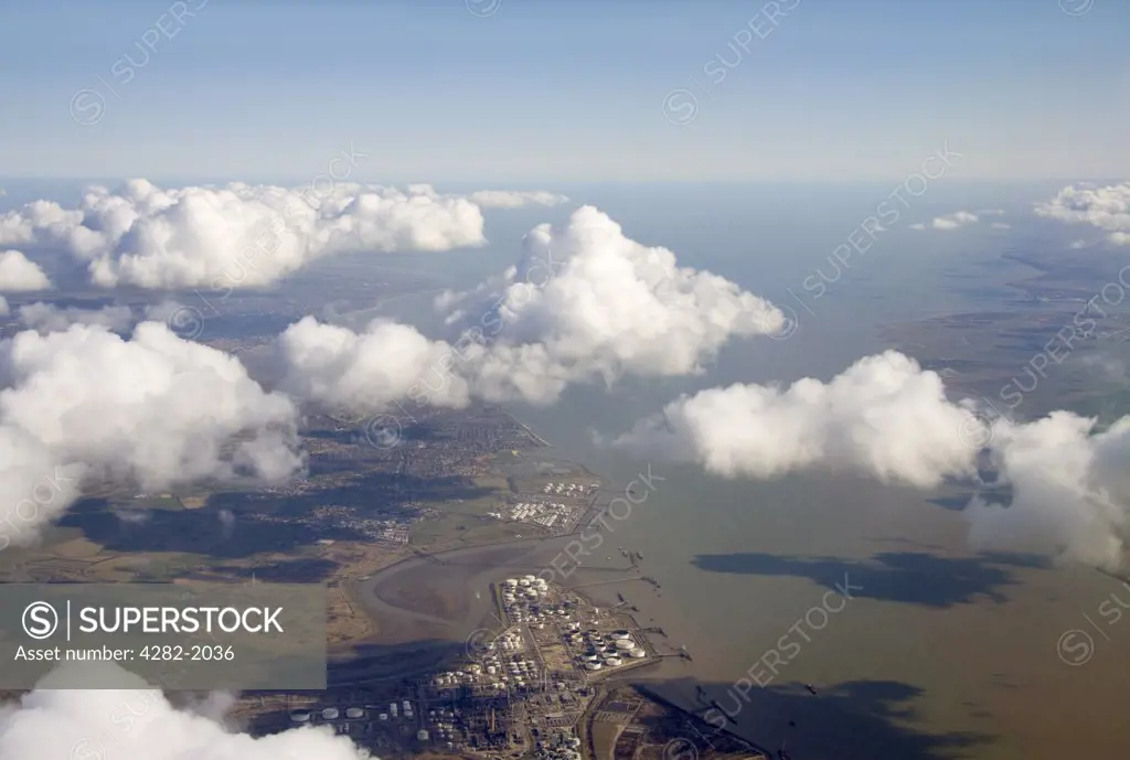 England, Essex, Thames Estuary. The Thames Estuary and Essex / Kent coastline viewed from high altitude.