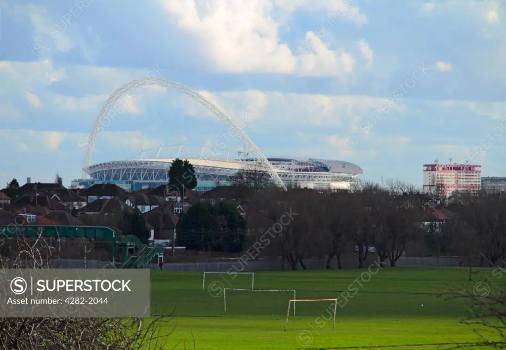 England, London, Northwick Park. Wembley stadium dominating the skyline of north west London seen from Northwick Park.