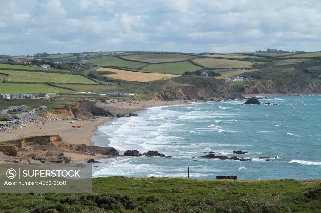 England, Cornwall, Widemouth Bay. Beach and cliffs at Widemouth Bay on the north Cornwall coast near Bude.