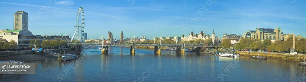England, London, River Thames. A panoramic view from Waterloo Bridge along the River Thames towards the Royal Festival Hall, Shell Centre, London Eye, Houses of Parliament and Charing Cross Station.