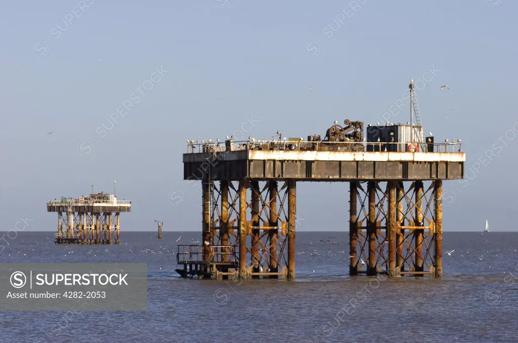 England, Suffolk, Sizewell. Sizewell seawater inlet and outlet stations for cooling the reactors at nearby Sizewell Nuclear Power Station.