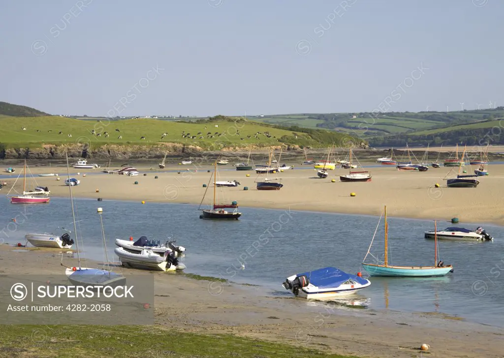 England, Cornwall, near Rock. Porthilly Cove and the estuary of the river Camel near Rock in north Cornwall.