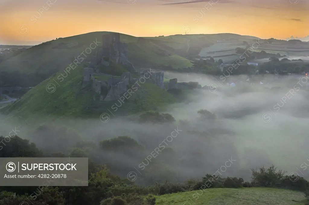England, Dorset, Corfe Castle. Corfe Castle surrounded by low lying mist at dawn.