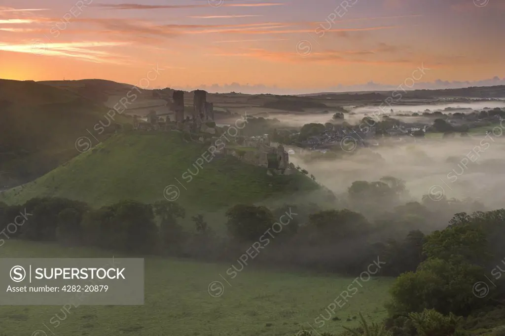 England, Dorset, Corfe Castle. Corfe Castle surrounded by low lying mist at dawn.