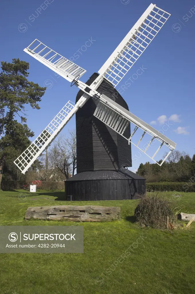 England, West Sussex, Worthing. High Salvington Windmill is a black post-mill built approximately 1750 that ceased work by 1900. The windmill has been restored to full working order and was able to restart grinding in 1991.