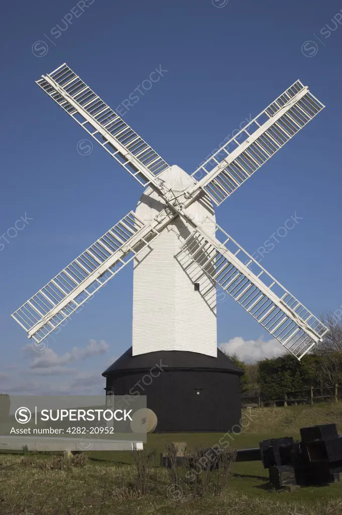 England, West Sussex, Clayton. Jill Windmill is a post-mill situated above the village of Clayton on the South Downs adjacent to Jack (a Tower Mill not open to Visitors) restored to working order and grinds flour occasionally.
