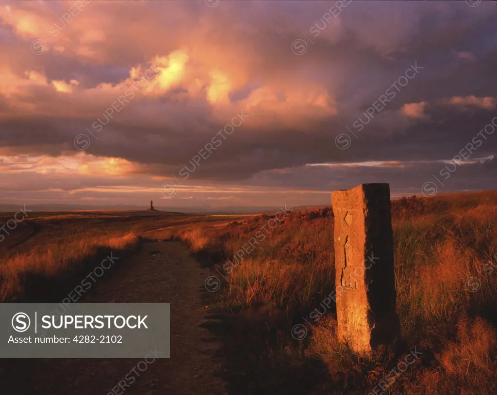England, Lancashire, Darwen Moor. Stone marker posts used to show the way to Jubilee Tower on Darwen Moor.  The tower was built to celebrate both Queen Victoria's jubilee and the opening of the moor to public access.