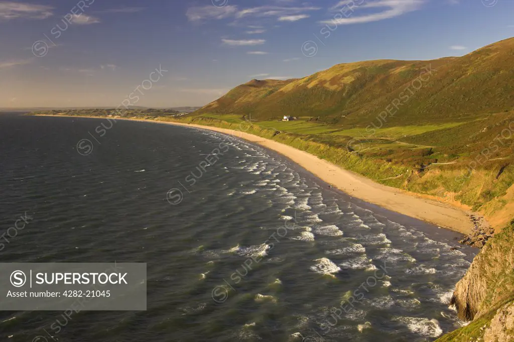 Wales, Swansea, Rhossili Bay. Rhossili Bay looking across to the tidal island Burry Holms on the Gower Peninsula.