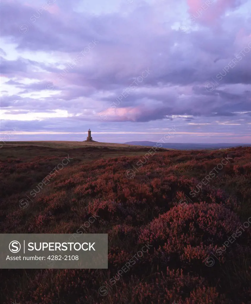England, Lancashire, Darwen Moor. Last light on Darwen Moor with Jubilee Tower in the background. The tower was built in 1897-1898 to celebrate Queen Victoria's jubilee and the opening of the moors to public access.