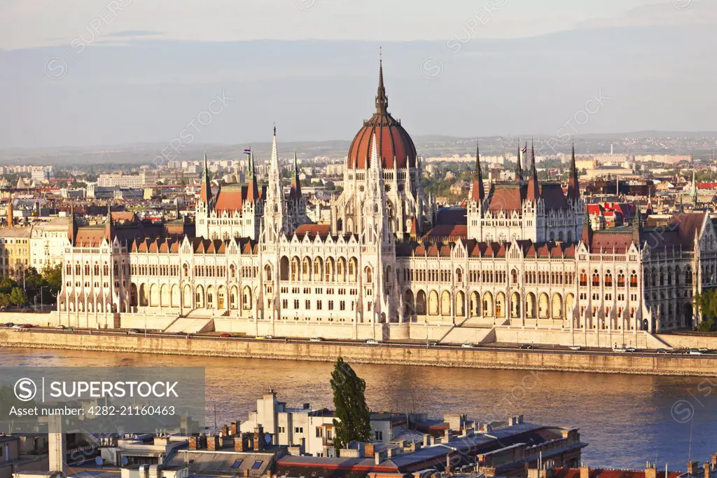 A view of the Hungarian Parliament building on the banks of the River Danube.