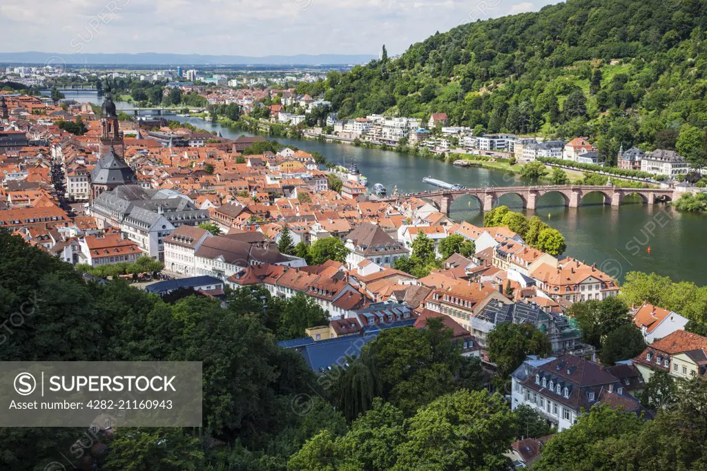 View from the castle over the River Neckar toward the Church of the Holy Spirit and the old town of Heidelberg.