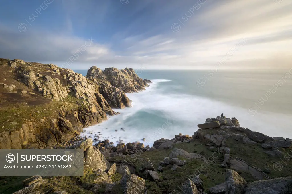 A view from the cliff top at Treen in Cornwall.