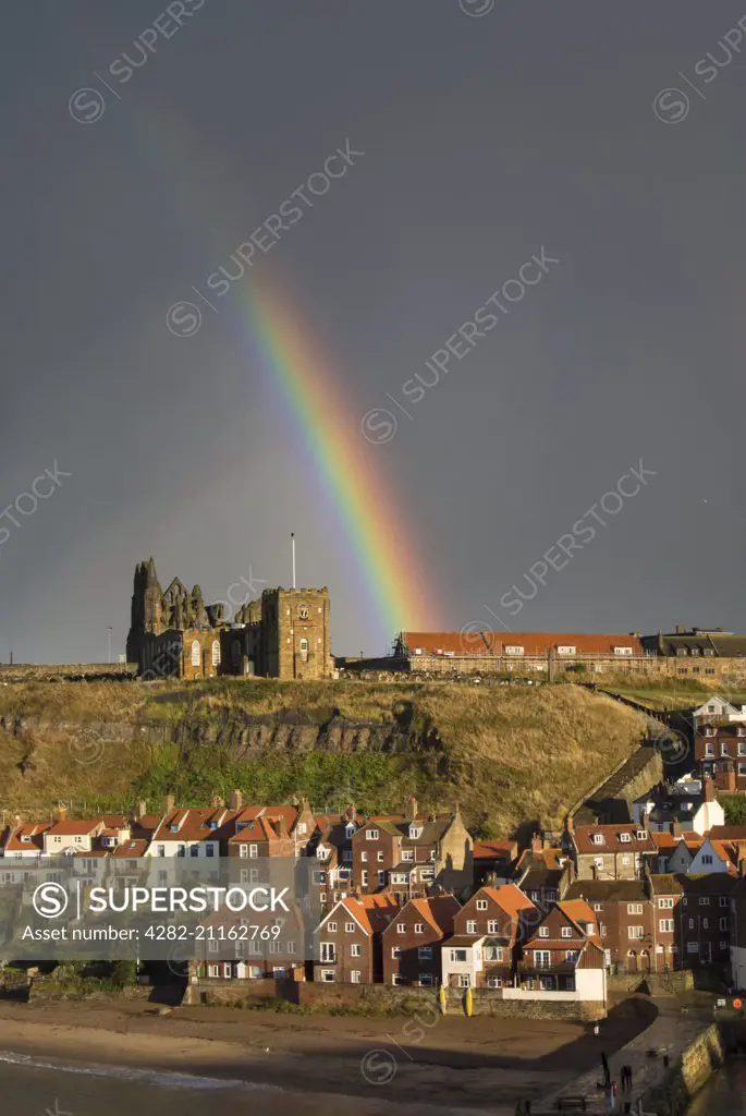 Rainbow over the church and abbey in Whitby.