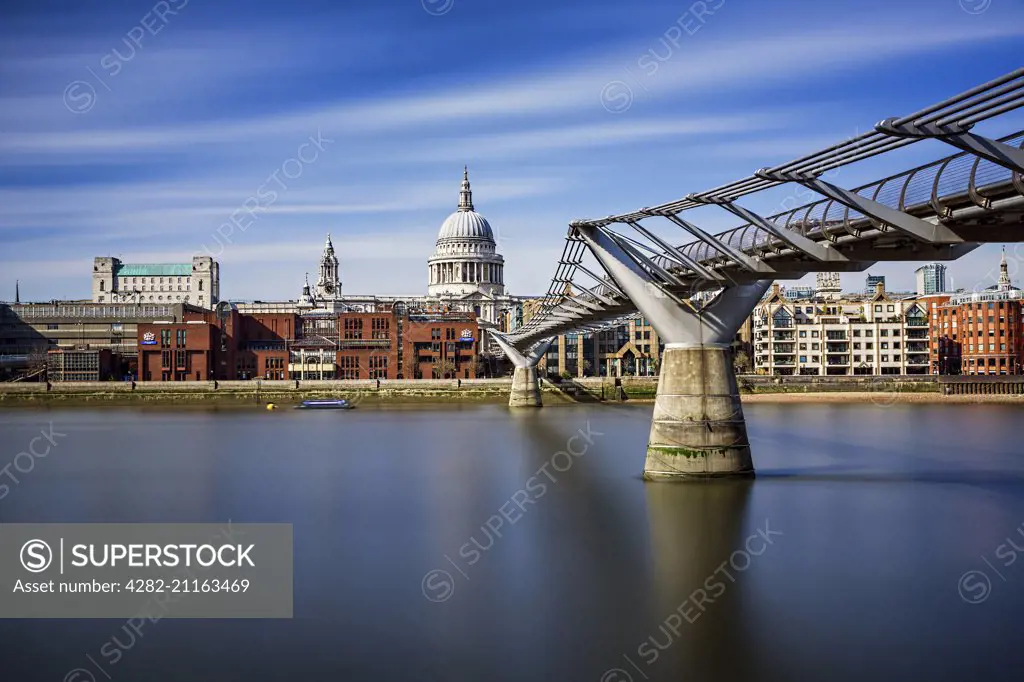 Millennium Bridge crossing the River Thames to St Paul's Cathedral.