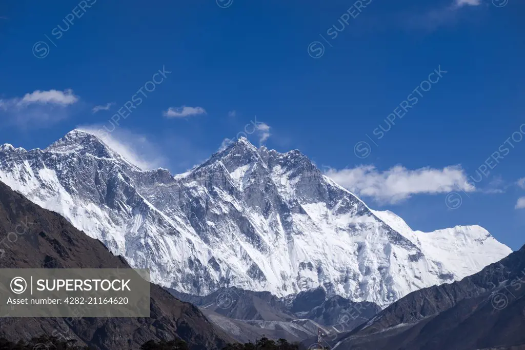 View of Everest on the left and and Lhotse on the right in Himalayas.