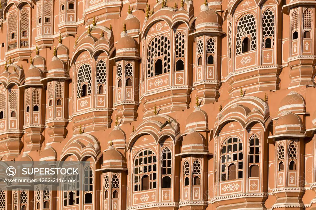Close up of the windows of the Palace of the Winds in Hawa Mahal.