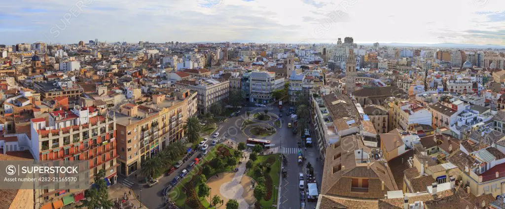 High viewpoint panorama of Valencia in Spain and the Plaza de la Reina.