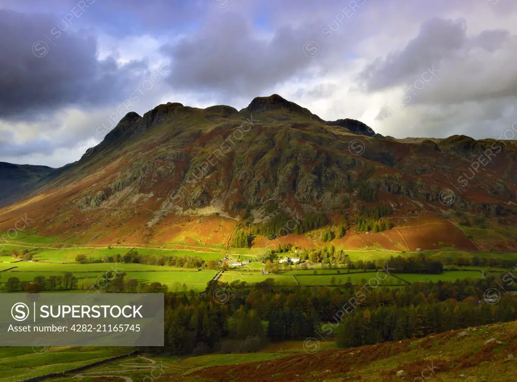 A winter view across Langdale Valley towards the Langdale Pikes.