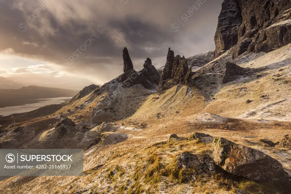 The Old Man of Storr after a dusting of snow on the Trotternish peninsula.