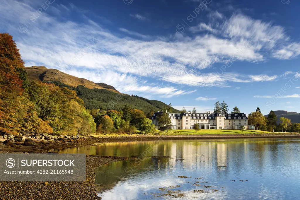 Autumn colour on the hillside at the Ardgartan Hotel on the banks of Loch Long.