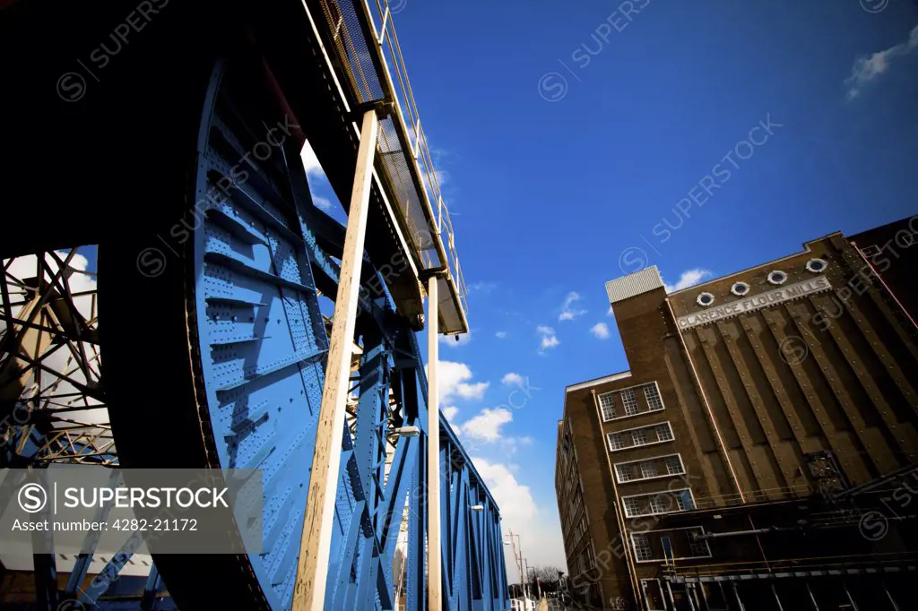 England, East Yorkshire, Kingston Upon Hull. A view of waterfront buildings and the side of the Drypool Bridge in Kingston Upon Hull.