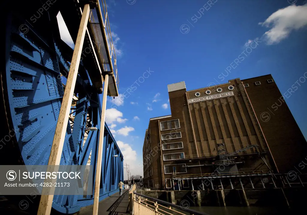 England, East Yorkshire, Kingston Upon Hull. A view of waterfront buildings and the side of the Drypool Bridge in Kingston Upon Hull.