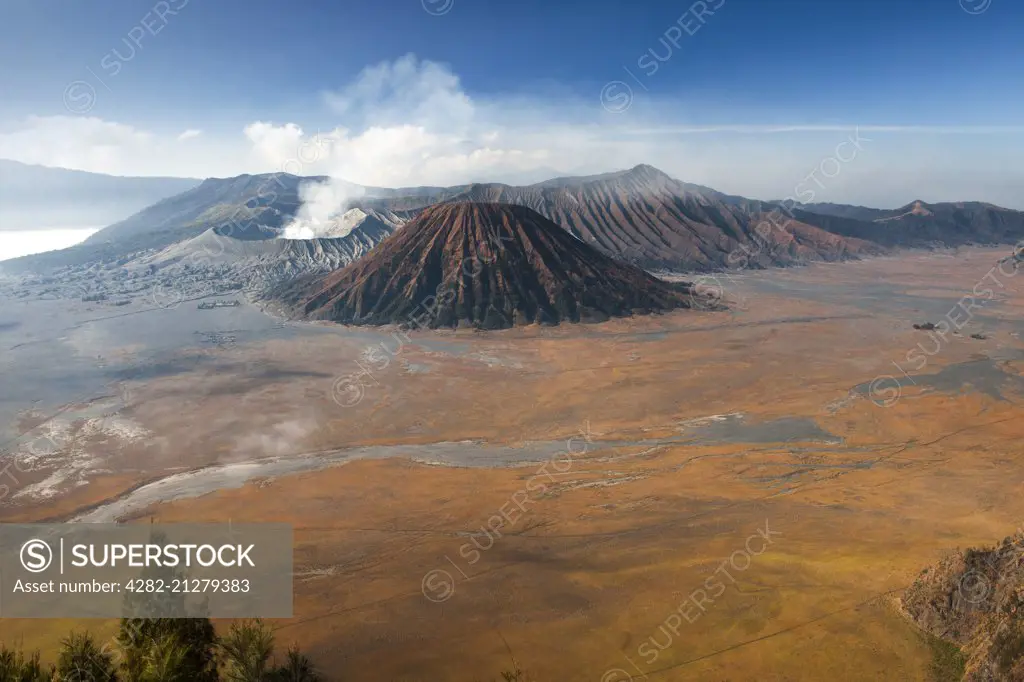 Steam venting from Mount Bromo volcano in Bromo Tengger Semeru National Park in Indonesia.