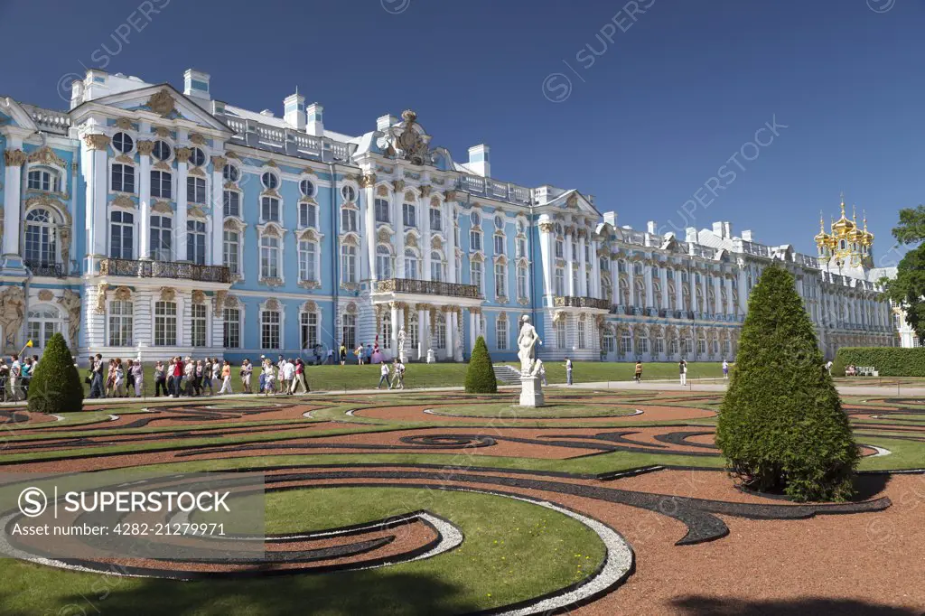 The lavish Catherine Palace located in the town of Pushkin near St Petersburg in Russia.