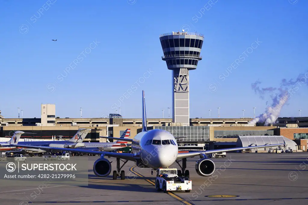 Terminal and control tower at Philadelphia airport.