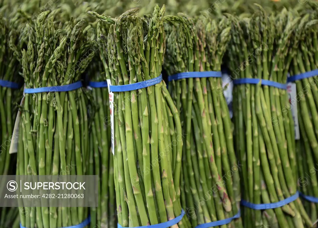 Bundles of organic asparagus in a farmers market.