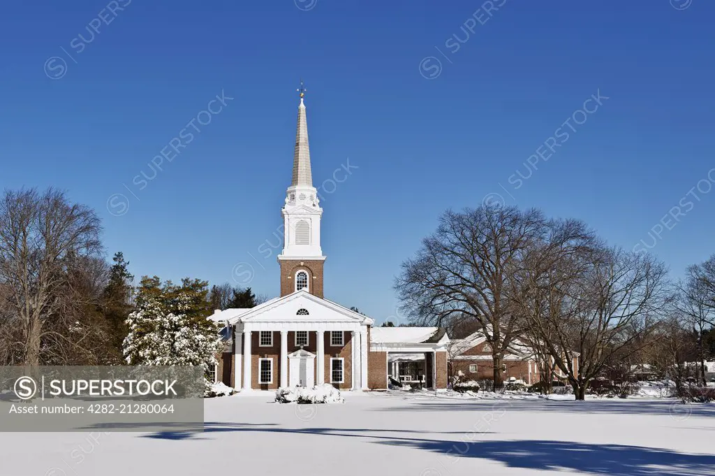 First Presbyterian Church in winter snow.