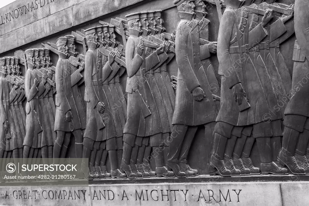 Close-up of a line of soldiers on the reverse side of the Liverpool Cenotaph.
